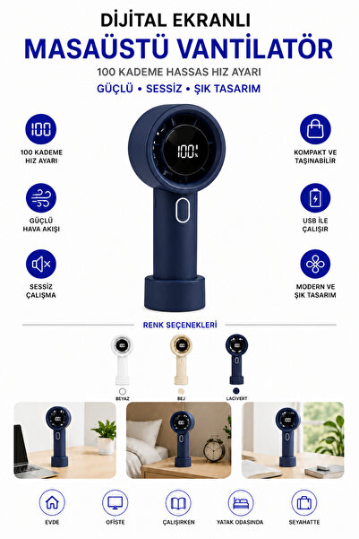 Yussraw 100 Kademe Dijital Ekranlı Mini Masaüstü ve El Fanı USB Şarjlı Taşına...