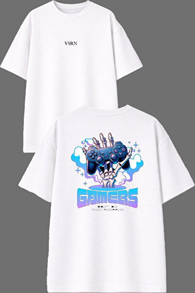VSRN Μπλουζάκι Gamers Design με στάμπα μπροστά και πίσω, λευκό, oversized