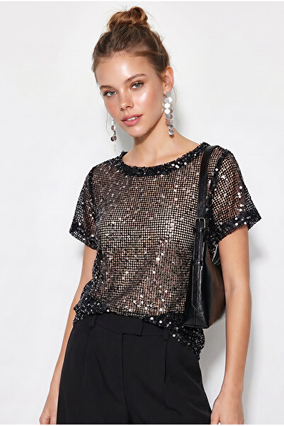 Bianco Lucci Women's Sequin Detailed Mesh Blouse 4248 60286308