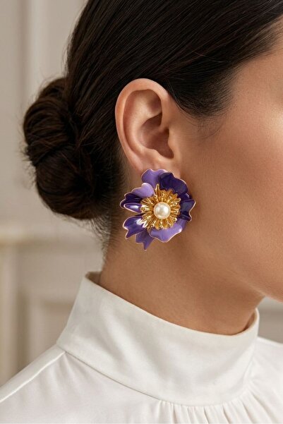 LA PERRY ACCESSORIES Mor Mineli Ortası İncili Büyük Çiçek Küpe
