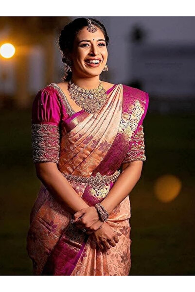 MYSMAR Pink Soft Lichi Silk Saree with Jacquard Border - MAF3093 | Pink