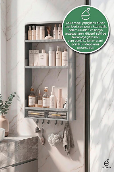 EVONİTA Yapışkanlı Duvar Rafı Organizer Banyo Mutfak Düzenleyici Şampuanlık H...