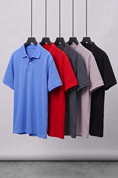 COMBİNE MİCHAİL Men's Short Sleeve Basic 5 Pack Polo Neck T-Shirt