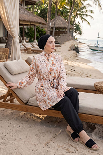 EBRUTESETTÜR ملابس سباحة ثلاثية الطبقات منقوشة قابلة لتعديل الخصر باللون البيج