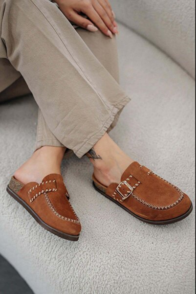 Parponi Milly Women's Genuine Suede Leather Closed-Front Slippers Tan