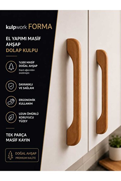 Kulpwork Forma Masif Ahşap (Kayın rengi )Mobilya Mutfak Dolap ve Çekmece Kulp...