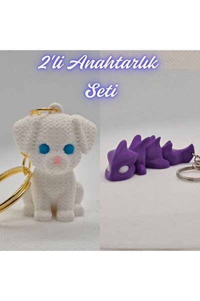 3DAtölyeMaker White Knitted Pattern Dog-2 and Purple Flexible Dragon Keychain