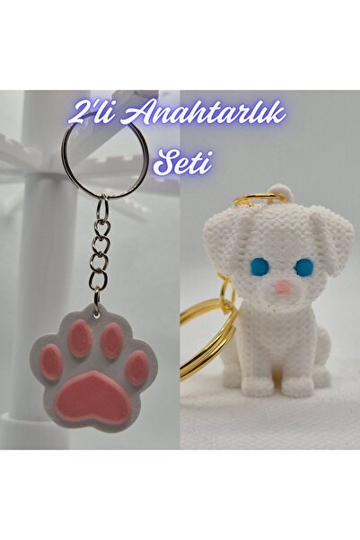 3DAtölyeMaker Light Pink Cat Paw and White Knitted Pattern Dog-2 Keychain