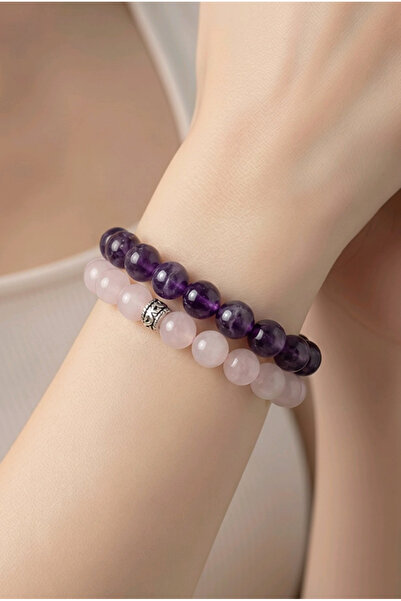 NBS Beautiful Naturel Stones أحجار الأميثيست والكوارتز الوردي، سوار من الحجر ...