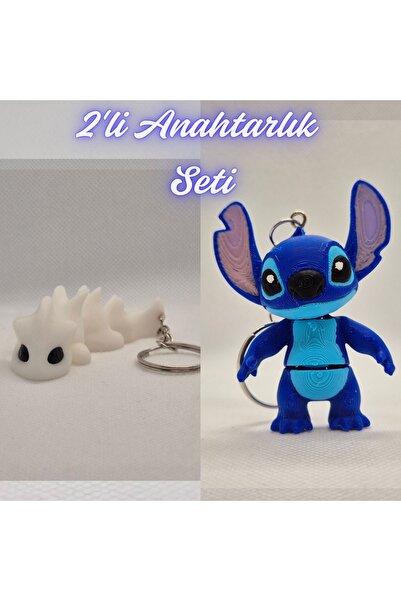 3DAtölyeMaker White Flexible Dragon and Blue Flexible Stitch Keychain