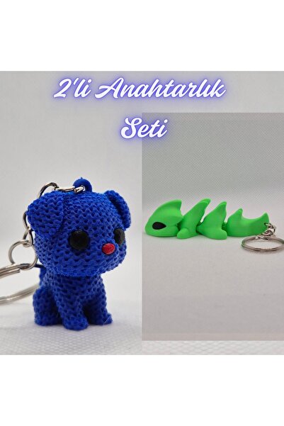 3DAtölyeMaker Blue Knitted Patterned Dog and Green Flexible Dragon Keychain