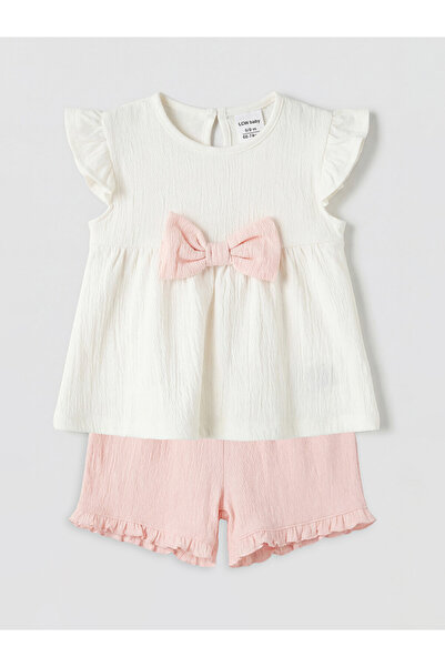 LC Waikiki Ecru Bow Detailed Baby Girl Blouse and Shorts