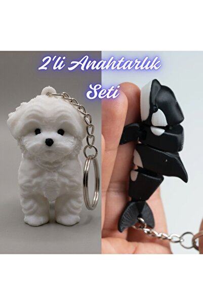 3DAtölyeMaker White Maltese Terrier and Black Flexible Whale Keychain