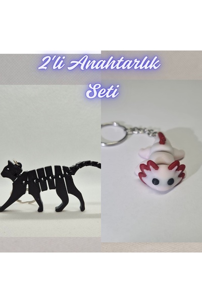 3DAtölyeMaker Black Flexible Cat and Light Pink Flexible Axolotl Keychain