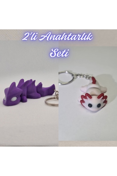 3DAtölyeMaker Purple Flexible Dragon and Light Pink Flexible Axolotl Keychain