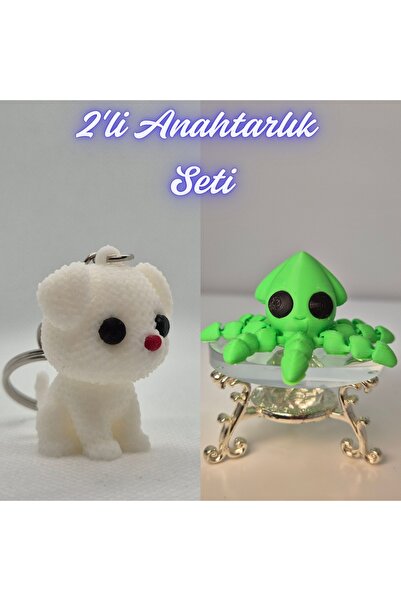 3DAtölyeMaker White Knitted Patterned Dog and Light Green Squid Keychain