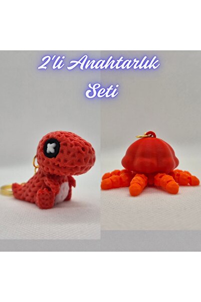 3DAtölyeMaker Red Knitted Pattern Moving Dino and Orange Moving Jellyfish Key...