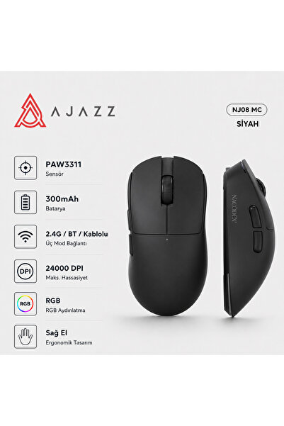 Ajazz NJ08 MC Kablosuz 3 Modlu RGB Oyuncu Mouse 24.000 DPI Paw 3311 Sensör