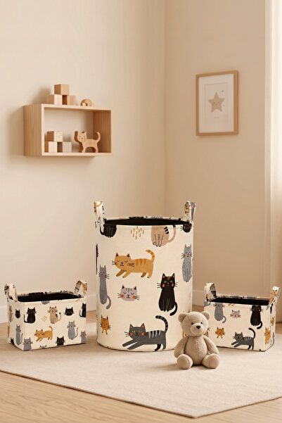 Paris Home Комплект от 3 кошници за играчки с котешки мотиви, органайзер за д...