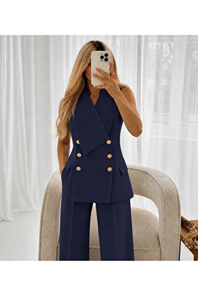 Ekim Store Kruvaze Yaka Gold Düğmeli Yelek Pantolon Blazer Takım