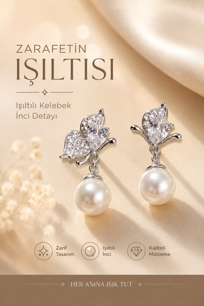 morbella Butterfly Figured Pearl Detailed Women's Earrings Stainless Steel Model