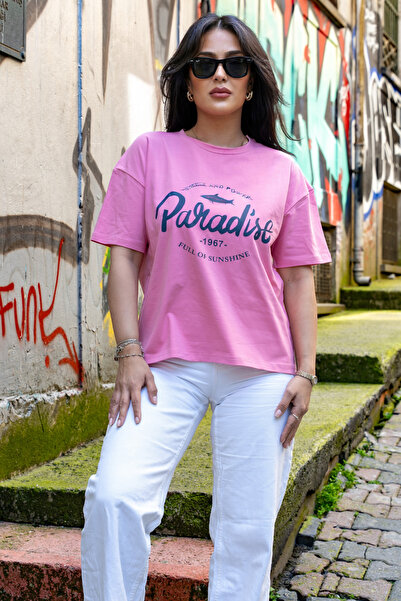 Merci Women's Pink Cotton Oversize Printed Lycra Crew Neck T-Shirt
