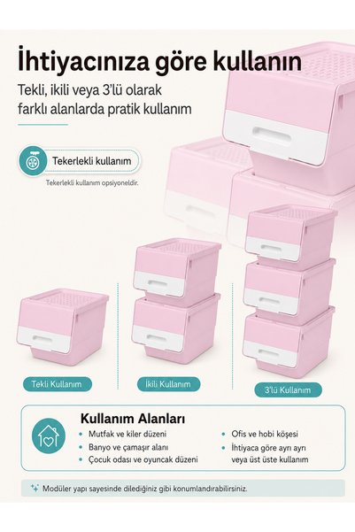 temizliksepetim 3-Tier Wheeled Storage Box with Lid, Goods and Food Organizer 3X12 Liters (Pink)