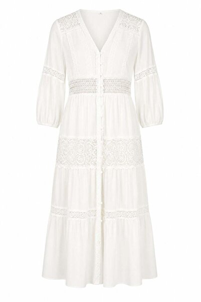 HAZELANNA V-Neck Lace White Dress
