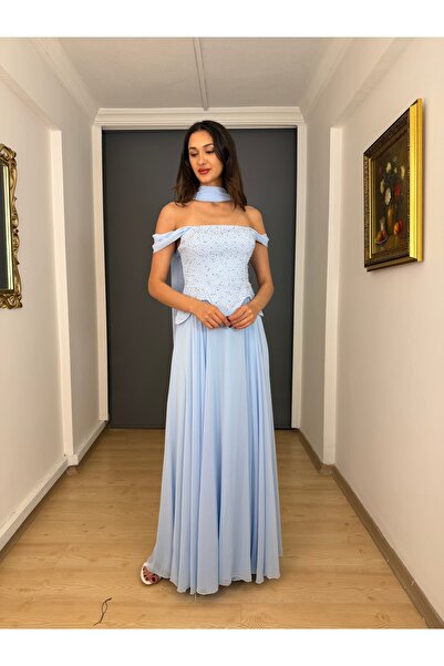 gökkuşagı moda Mavi Askılı Straplez Bel Korsajlı Üst Krep Taşlı Alt Şifon Uzu...