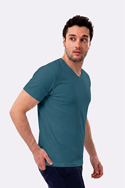UNIQVIBE Organic Cotton Petrol Blue Men's Short Sleeve V-Neck T-Shirt