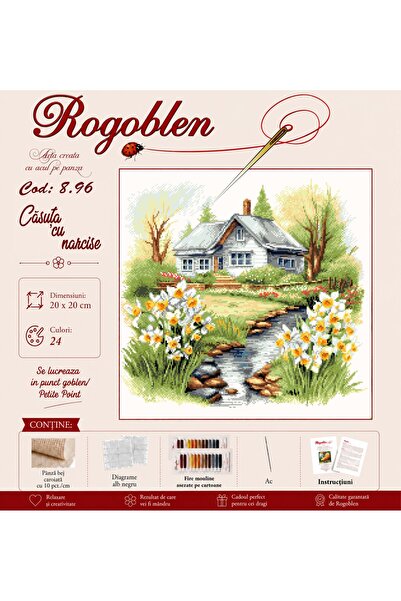 Rogoblen Kit de cusut Casuta cu narcise - set goblen cu pânză, diagrame alb-n...