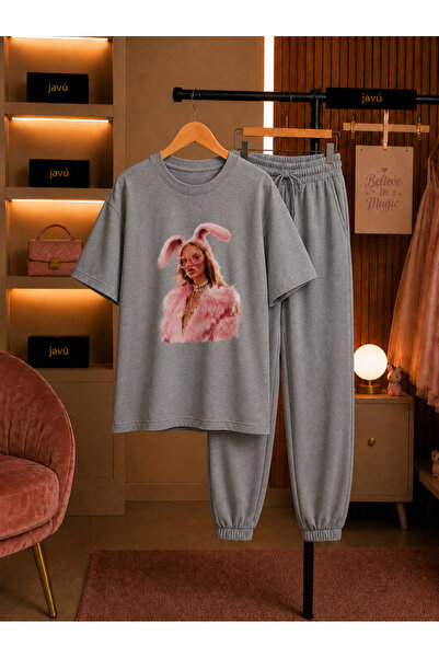 JAWÜ STYLE Pink Aura Detailed T-Shirt and Sweatpants Combination