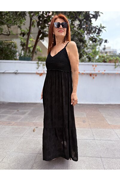 DenizEge Italian Bohemian Lined Strappy Lace Dress Black