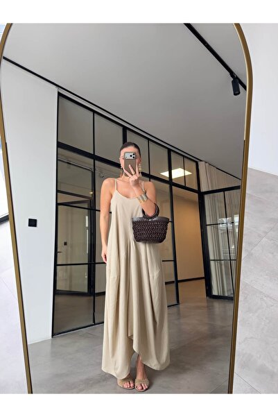 BB Bensu Buyruk Thin Strap Pocketed Draped Linen Dress Stone