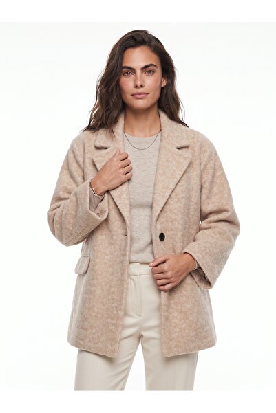 ONLOOX Beige Cotton Viscose Blend Textured Wide Collar Loose Cut Buttoned Poc...