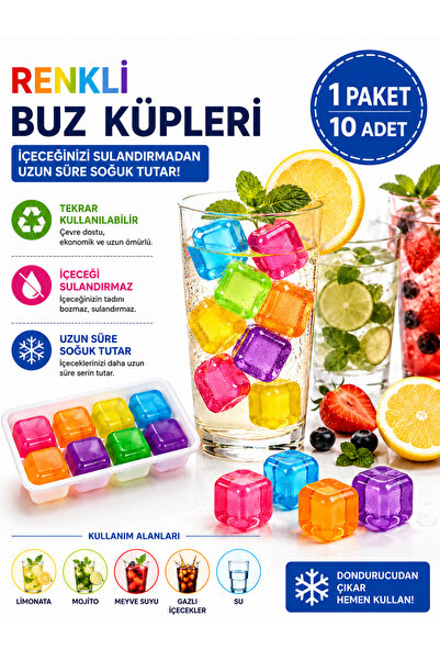 Mode Cool Renkli Buz Küpleri 10’lu Paket İçecek Soğutucu Kristal Küp