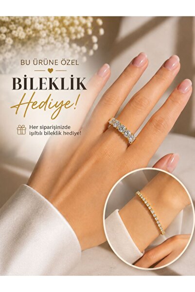 Line 5 Taş Zirkon Yüzük Gold Renk | Işıltılı Beştaş Kadın Yüzük | Şık ve Zari...