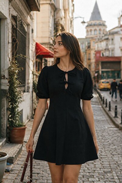 armonika Women's Black Collar Tie Detail Short Sleeve Flared Mini Dress Arm-2...
