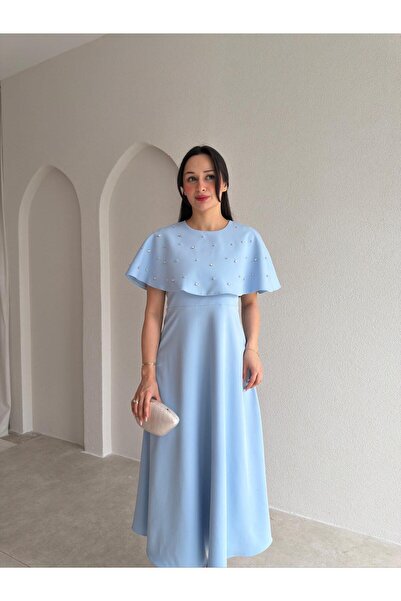Mooi Butik Tate Stoned Cape Midi Dress 4387 - Baby Blue