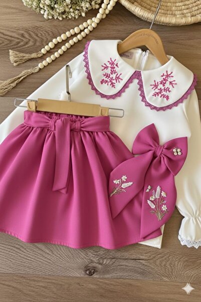 2bebek1butik Girl's Embroidered Buckle Baby Collar Combination Pink