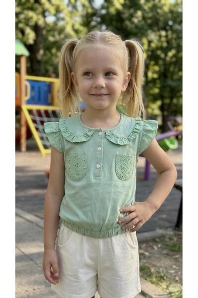 Sinem Çeyiz Nazar 23388 Girl's Mint Green Ruffled Scalloped Pocket Shorts Set