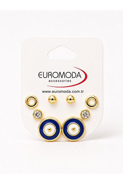 EUROMODA Mavi Yuvarlak Gold Renk 4'lü Küpe Seti