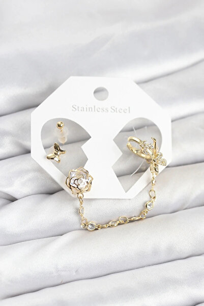 USLUCAN ALIŞVERİŞ Brass Gold Color Butterfly Model Chain Linked Ear Cuff Earr...