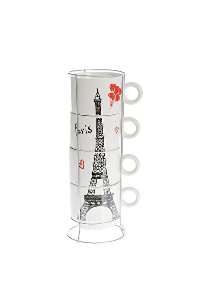OEM Set of 4 Ceramic Cups with Metal Stand – Eiffel Tower Model, 150 ml