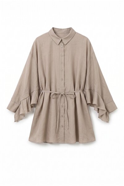 Modamorfo Buttoned Belted Bat Sleeve Flounce Oversize Modal Tunic - Mink
