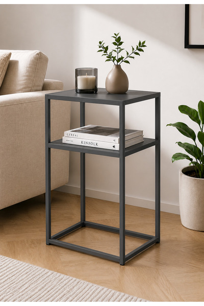 İnoprotech Modern Antrasit Metal Yan Sehpa 2 Raflı Minimalist Salon ve Yatak ...