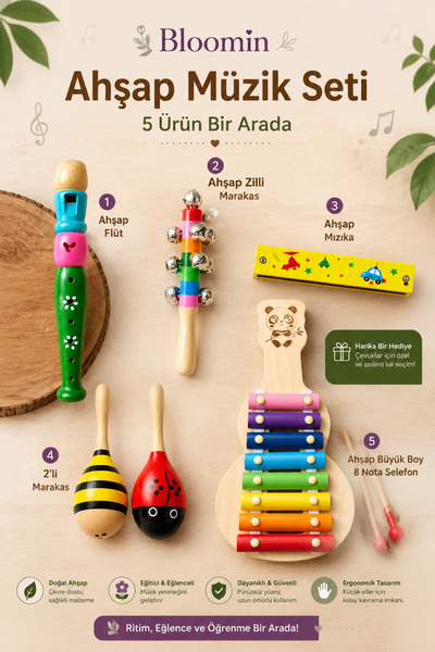 Bloomin 5'li Set Ahşap Müzik ve Ritim Seti AHŞAP Mızıka , 2'li Marakas , Zill...