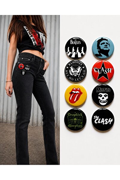Punky Store 8 li Set-12 | Rock Müzik Temalı Rozet Seti Siyah Kırmızı Sarı Ret...