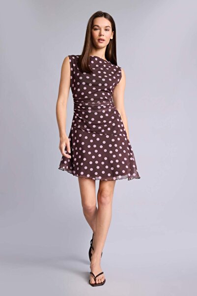 DeFacto Asymmetrical Boat Neck Polka Dot Tulle Short Sleeve Mini Dress H4241A...