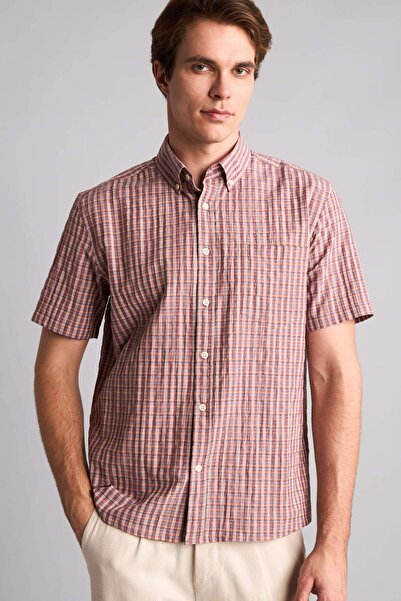 DeFacto Regular Fit Polo Collar Checkered Crinkle Fabric Short Sleeve Shirt H...